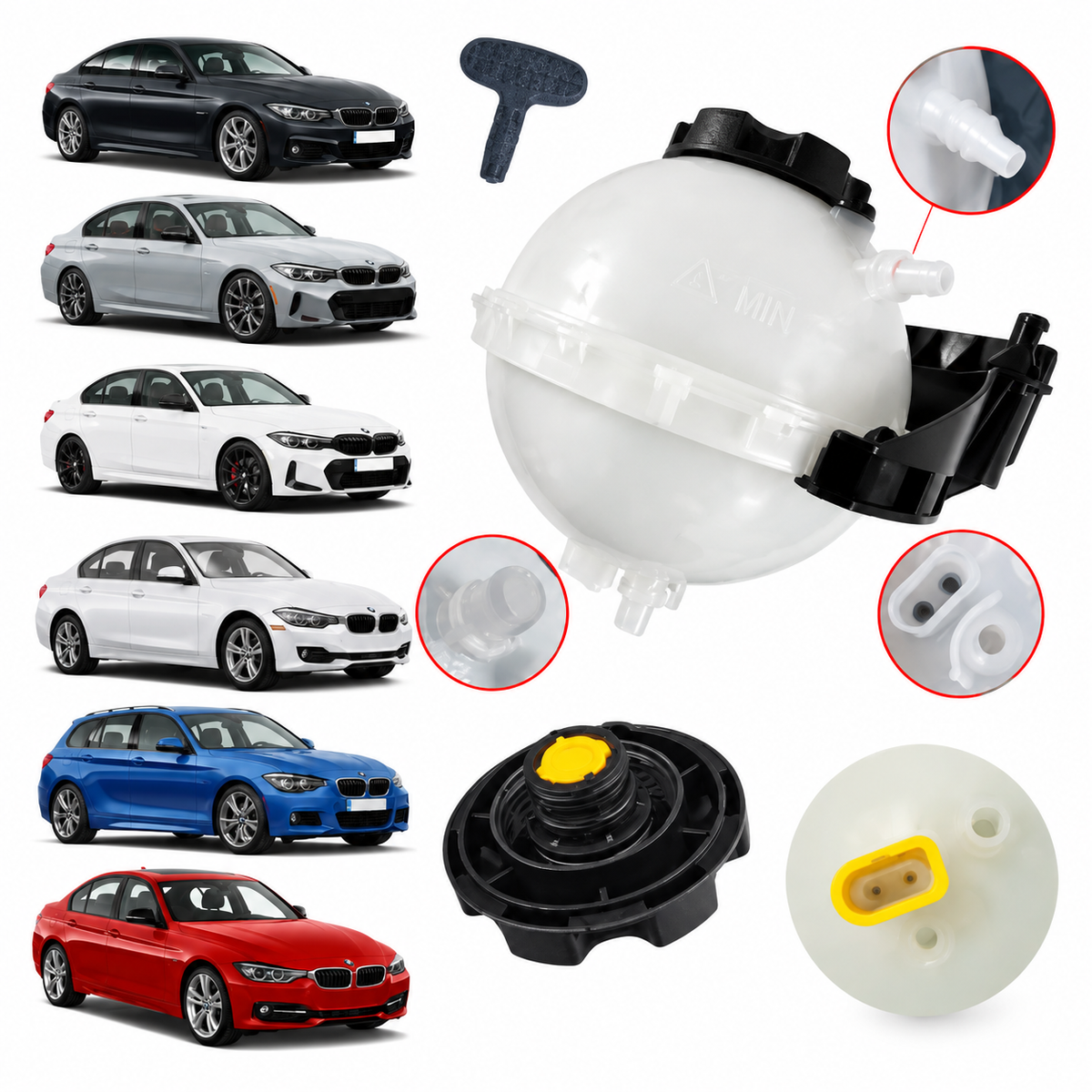 Reservatório de Água do Radiador com Tampa BMW Série 1 / Série 2 / Série 3 MRMK, OEM 17137609469 / 11537793248 / 11537793373 / 17137642158